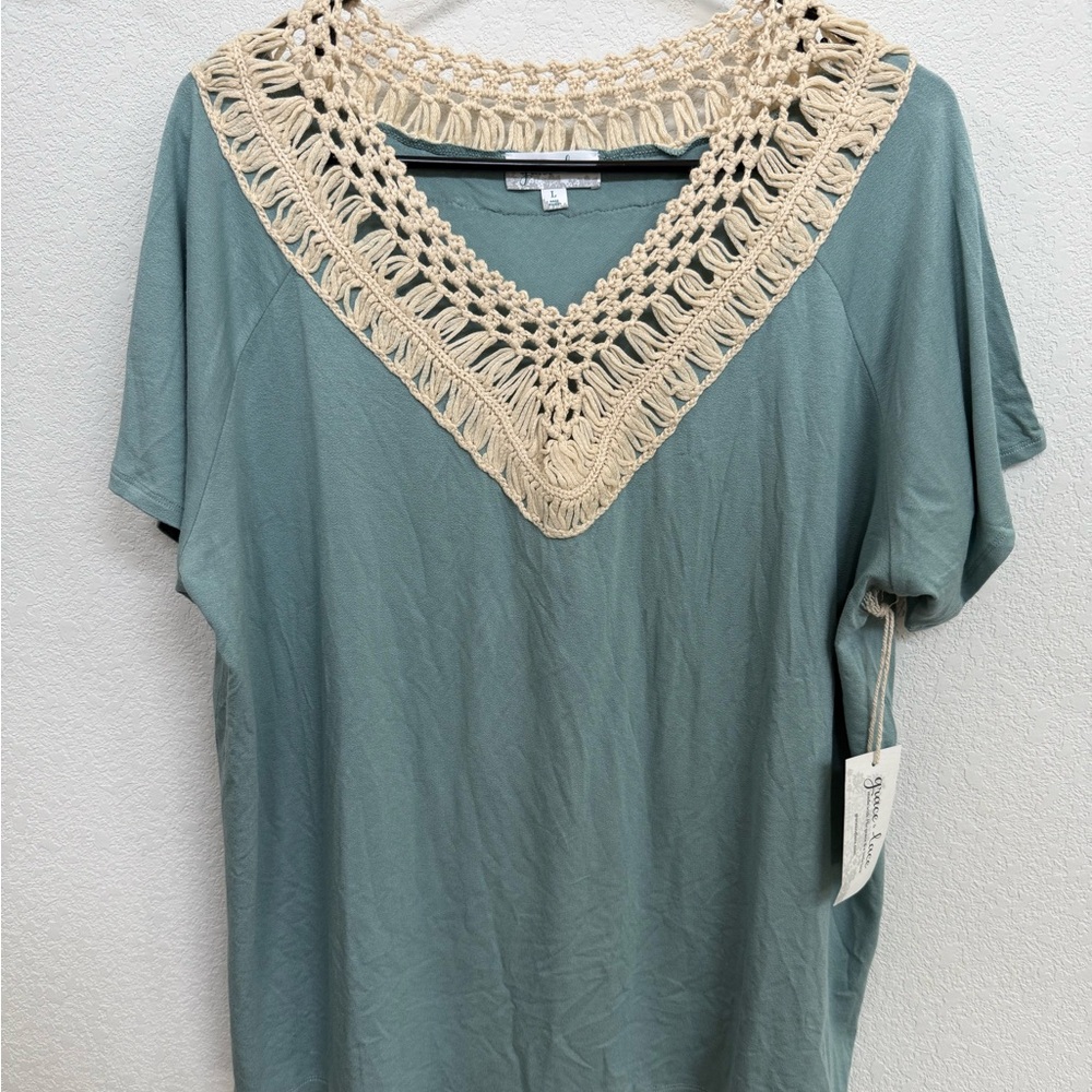 Grace & Lace Crochet Trim Teal Blouse